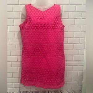 LANDS END  sleeveless eyelet cotton summer preppy  fuchsia Barbiecore dress/16P